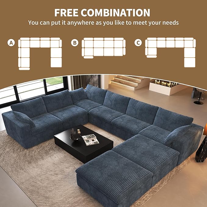 Oversized Modular Sectional Cloud Couch,157.5" U Shaped Modern Sofa with 2 Ottoman and 2 Middle Seats,Upholstered Couches with Corduroy Fabric for Living Room Furniture,No Assembly Required,Blue