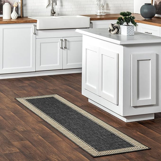 nuLOOM 2' x 8' Outdoor Area Rug, Casual Design With Striped Border, Stain Resistant, Highly Durable, For Patio, Balcony, Bedroom, Living Room, Dining Room, Bathroom, Dark Grey