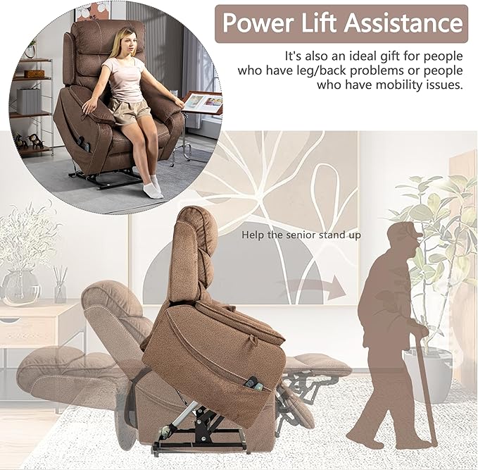 Power Lift Recliner Chair for Adults Elderly Lay Flat Velvet Recliners with Massage Heating, Extended Footrest, Wireless Charging Device, USB Ports, Cup Holder, Lumbar Pillow