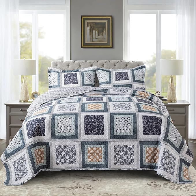 NEWLAKE Quilt Bedspread Sets - Bohemian Farmhouse Pattern Reversible Coverlet Set, King Size