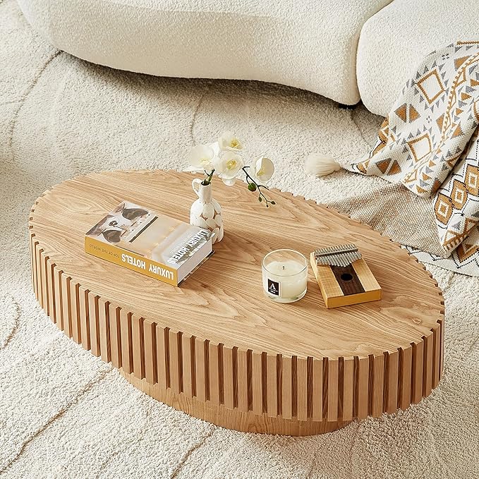 Oval Coffee Table for Living Room, Modern Fluted Coffee Tables with Pedestal Base, Handcrafted Centre Tea Tables Easy Assembly-43.7" Natural