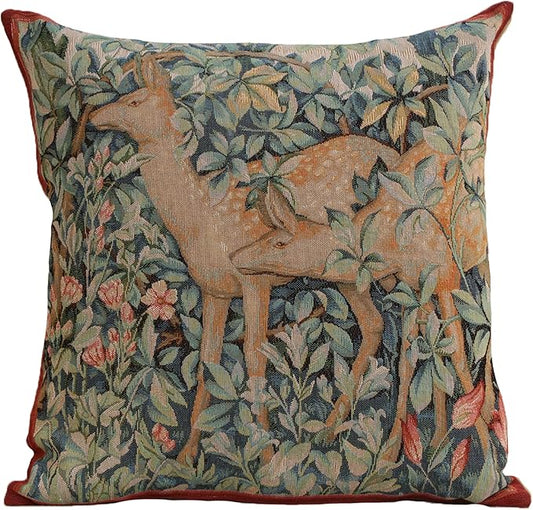 Charlotte Home Furnishings Decorative Tapestry Pillow Cover 19x19 in, Green Does Couch Throw Pillow Cover, French Country Square Cushion Cases for Living Room Home Decor, Soft Cotton Jacquard Woven