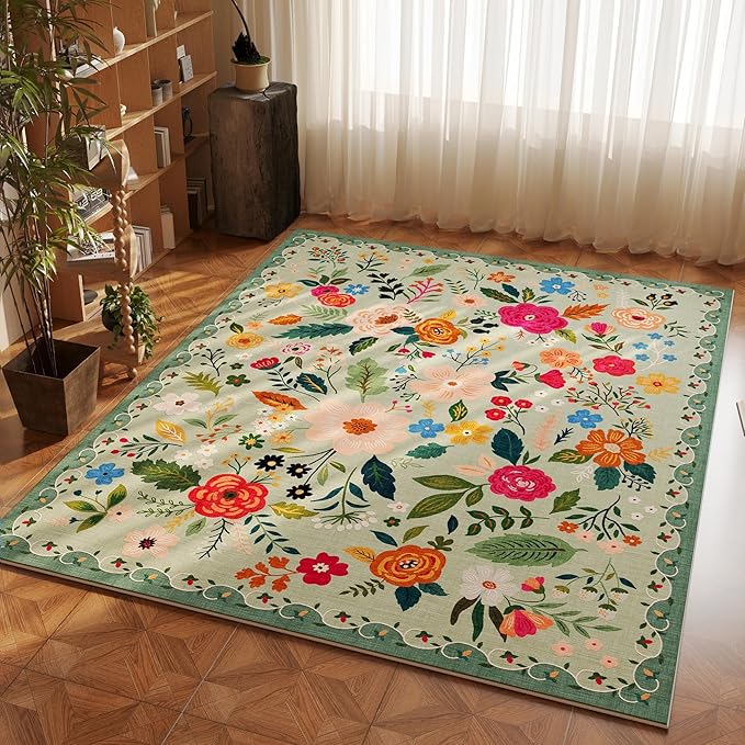 Bedroom Rug 3x5 Rug Washable Area Rug Non Slip Low Pile Boho Floral Small Carpet for Bedroom, Bedside, Kitchen, Entryway, Kids Room, Office, College Dorm Essentials for Girls(Green)