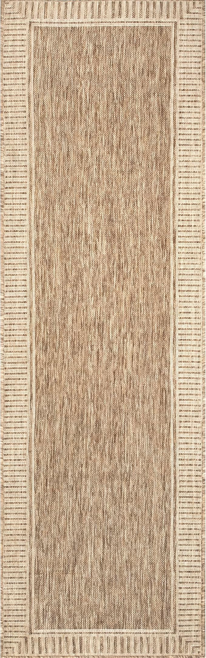 nuLOOM 2x8 Outdoor/Indoor Asha Area Rug, Light Brown, Casual Design With Striped Border, Stain Resistant, Highly Durable, For Patio, Balcony, Bedroom, Living Room, Dining Room, Bathroom