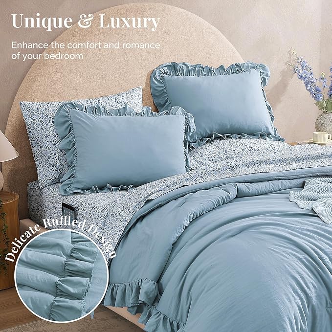 King Comforter Set - 7 Pieces Ruffle Blue Bedding Sets, Shabby Chic Farmhouse Bed in a Bag King with Ruffle Comforter, Floral Sheets, Pillowcases & Shams