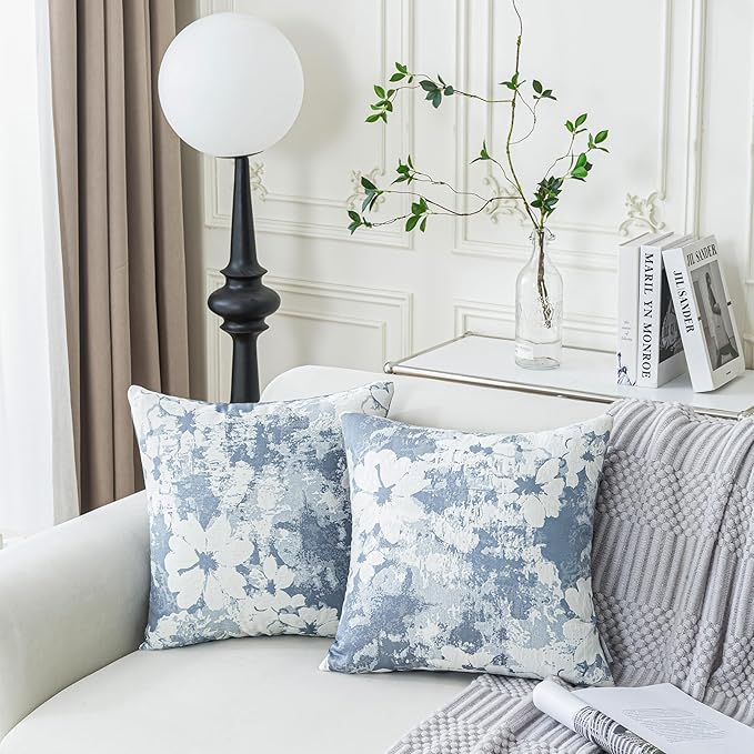 Jacquard Throw Pillow Covers 18x18 Inch Set of 2 - Vintage Floral Boho Pillow Cases with Botanical Pattern | Farmhouse Decor for Couch Living Room | Soft Textured Neutral Trio Dusty Blue 18" x 18"