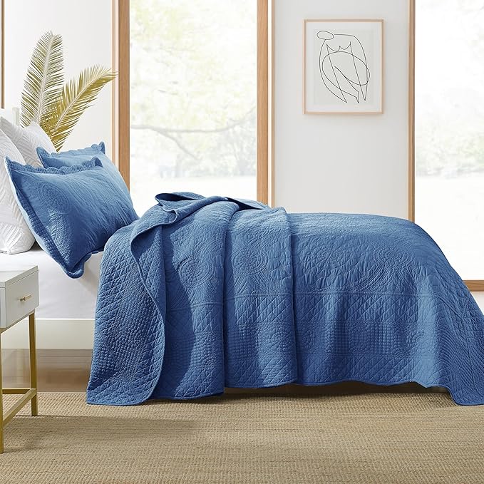 MarCielo 3-Piece 100% Cotton Oversized Bedspread Lightweight Quilt Coverlet Embroidery Farmhouse Bedding Set (Tf Midtone Blue, Oversized King (118"x106"))