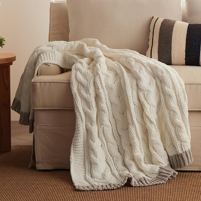 Bedsure Cable Knit Twin Blanket for Couch Bed - Breathable Chenille Chunky Knit Twin Blanket for Decorative Gift, GentleSoft Cozy and Warm for Winter and All Seasons, Cream, 60x80 Inches