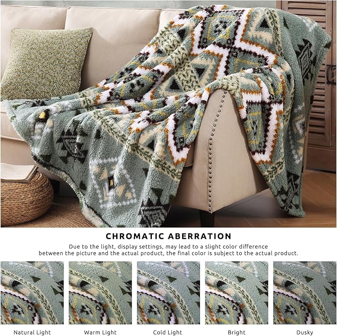 CASAAGUSTO Boho Sherpa Blanket, Aztec Twin Blanket,Ultra Soft, Warm, Cozy, Plush, Thick Fleece Throw Blanket for Couch, Bed, Sofa (Olive Green 60 * 80 Inch)
