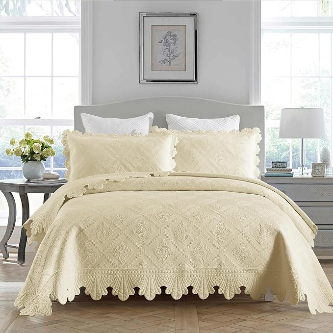 MarCielo 3-Piece 100% Cotton Oversized Bedspread Lightweight Quilt Coverlet Embroidery Farmhouse Bedding Set (Tk Beige Khaki, Oversized Queen (100"x106"))