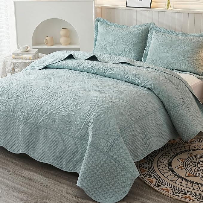 MarCielo 3-Piece 100% Cotton Oversized Bedspread Lightweight Quilt Coverlet Embroidery Farmhouse Bedding Set T0 (Aruba Blue, Oversized Queen (100"x106"))