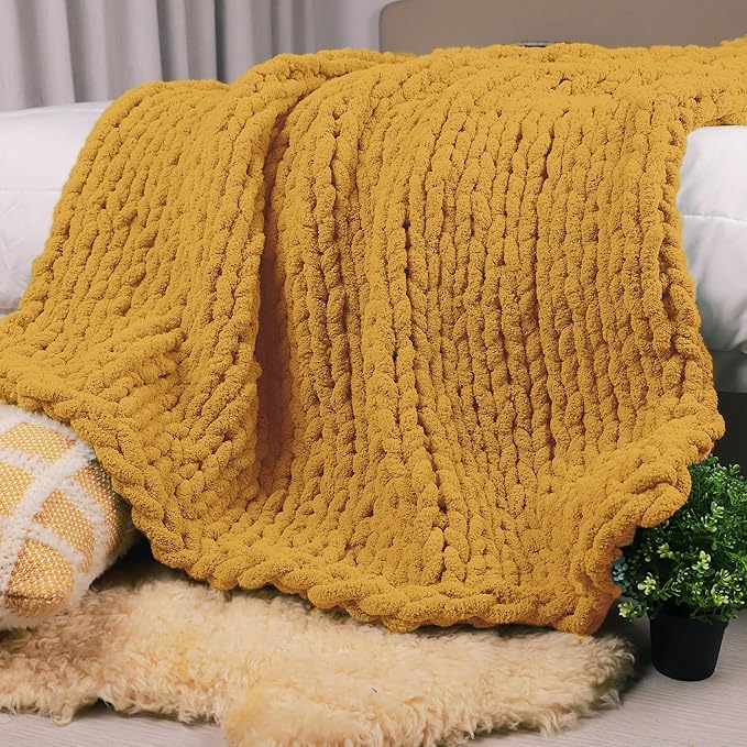 Carriediosa Chunky Knit Throw Blanket 60" X 80" Twin, 100% Hand Made Large Chenille Loop Yarn Soft Fluffy Throws for Couch Sofa Bed, Big Crochet Cozy Heavy Thick Cable Woven Blanket, Yellow