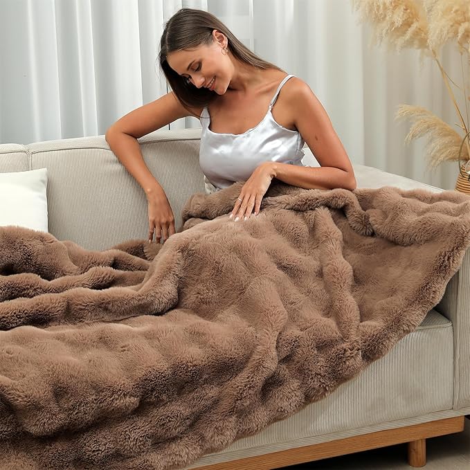 RYNGHIPY Faux Rabbit Fur Throw Blanket Ruched Plush Fuzzy Blanket for Couch Bed Sofa Heavy Warm Comfy Throws for Living Room Bedroom Machine Washable (Solid Brown, 51''x63'')