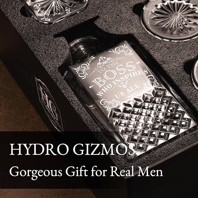 Luxury Gift For Boss - Boss Who Inspires Us All - Unique Engraved Whiskey Decanter Set For The Leader or Dad Christmas, Birthday Gift – 4 Whiskey Glasses And Decanter Set for Whisky, Bourbon Ets.