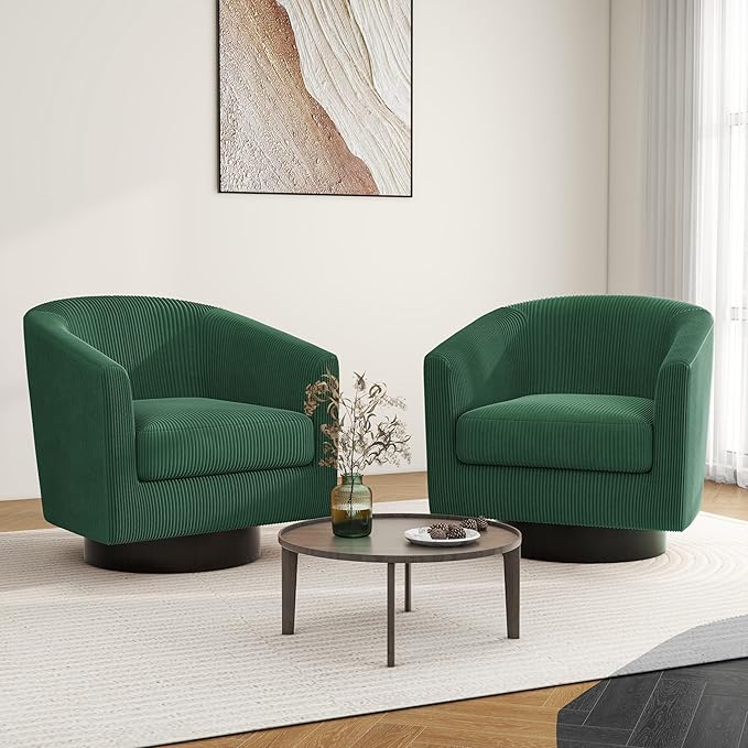 Swivel Barrel Accent Chair, Modern Round Corduroy Fabric Arm Chair for Living Room, Bedroom, Comfy Club Reading Chairs for Adults, Corduroy Dark Green