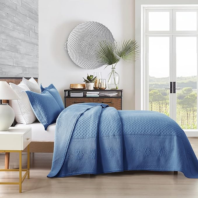 MarCielo 3-Piece 100% Cotton Oversized Bedspread Lightweight Quilt Coverlet Embroidery Farmhouse Bedding Set (TM Midtone Blue, Oversized King (118"x106"))