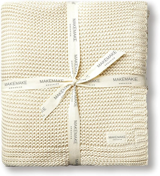 MakeMake Organics Organic Throw Blanket GOTS Certified Organic Cotton Blanket Chunky Knit Super Soft Cozy Fall Winter Large Adults Throw Blanket (50x60, Vanilla)