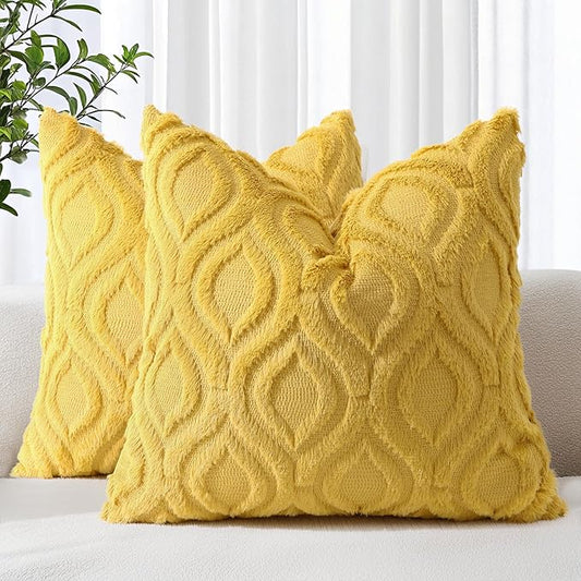 decorUhome Throw Pillow Covers 22x22 Inch Set of 2, Soft Plush Decorative Faux Fur Mustard Yellow Solid Couch Pillow Covers, Accent Farmhouse Neutral Square Euro Pillow Cases for Sofa Bed Living Room