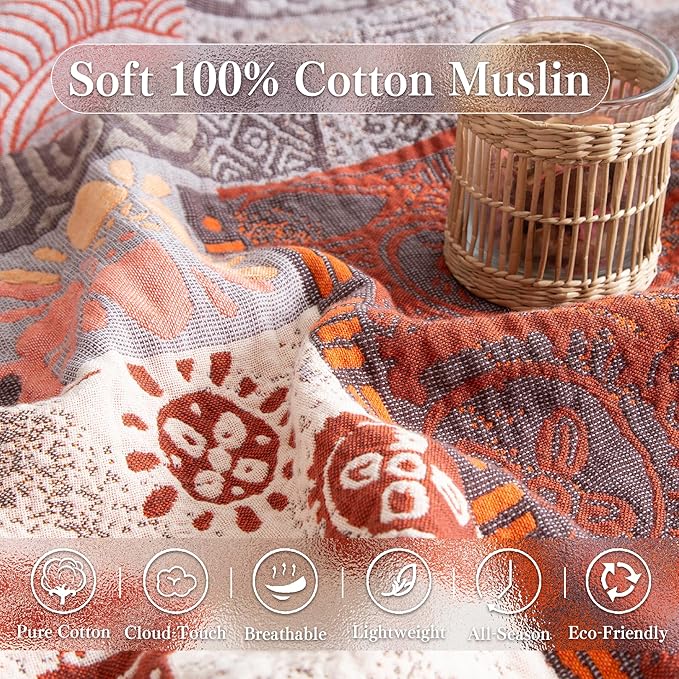 Boho Throw Blanket Twin Size, Soft Cozy Cotton Muslin Quilt Blanket for Bed Decor, Patchwork Block Couch Sofa Chair Cover, Vintage Farmhouse Cottage Tapestry Woven Blanket, Red&Orange