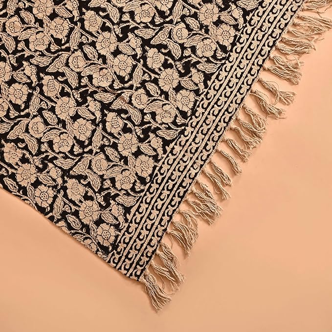 Handmade Cotton Throw Blanket 48x70 Inches | Black & Beige Floral Block Print Decorative Sofa Throw with Tassels | Large Lightweight Cotton Bedspread for Living Room, Couch, or Bedroom