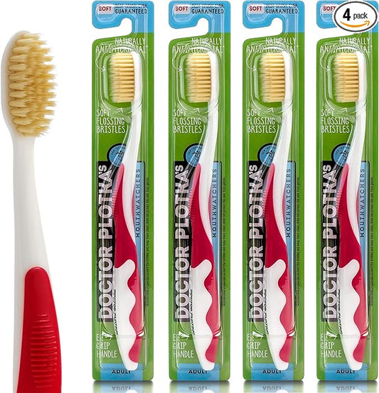 MOUTHWATCHERS Soft Flossing Toothbrushes, Value Pack of 4, Red, Manual Toothbrush for Adults, Ultra Clean, Good for Sensitive Teeth and Gums, by Dr. Plotka's