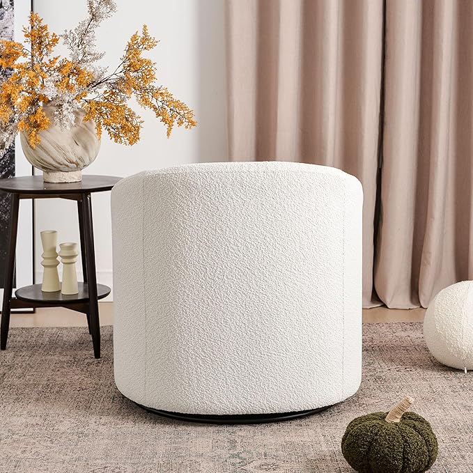 KINWELL 32" Wide Modern Boucle Swivel Barrel Chair, No Assembly Round Upholstered Swivel Accent Armchair for Living Room, Bedroom, Office (White)