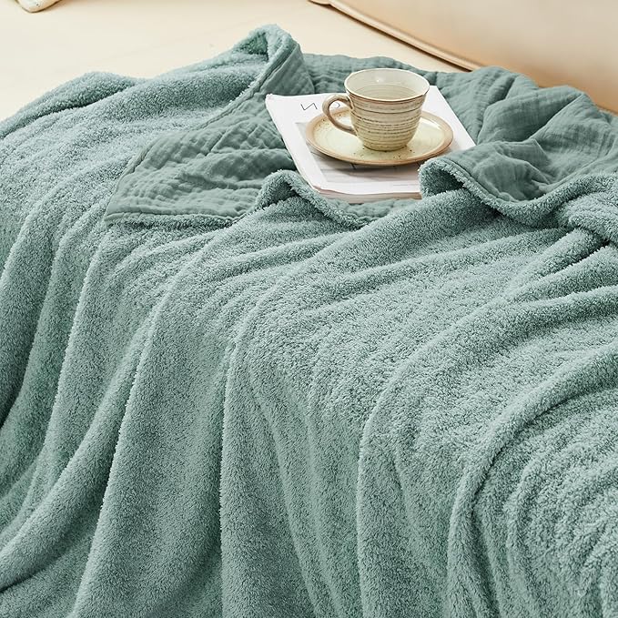 EMME Muslin and Fleece Twin Blanket Reversible - 60"*80" Teal Soft Warm Throw Blankets for Couch Bed Picnic Travel Bed
