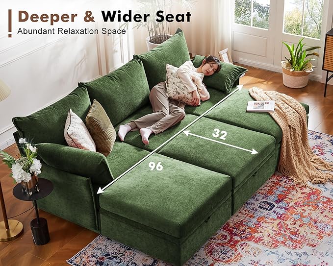 134.6" Oversized Modular Sectional Sofa, 6 Seater U Shaped Couch with Storage Ottoman with Reversible Chaise Deep Seat for Living Room, Apartment - Chenille Green