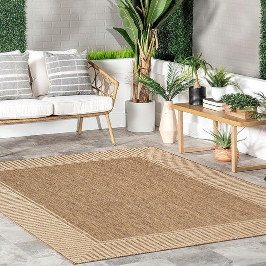 nuLOOM 3'6" x 5' Outdoor Area Rug, Casual Design With Striped Border, Stain Resistant, Highly Durable, For Patio, Balcony, Bedroom, Living Room, Dining Room, Bathroom, Light Brown