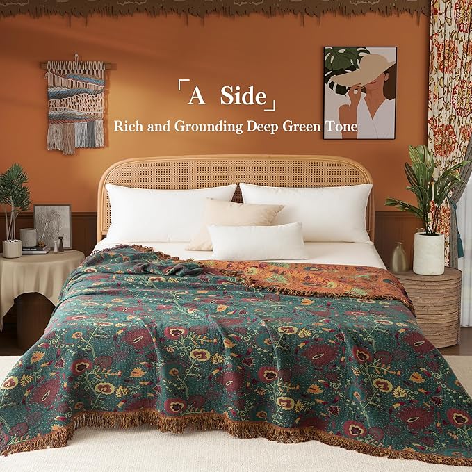 Boho Throw Blanket Full Size, Extra Large Soft Cozy Cotton Muslin Quilt Blanket for Bed Decor, Floral Patterned Couch Sofa Chair Cover, Vintage Farmhouse Cottage Woven Blanket, Green&Orange
