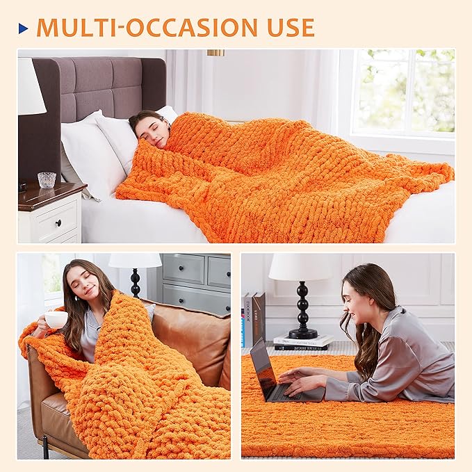 L'AGRATY Chunky Knit Blanket Throw: 30''x40'' Chenille Thick Knitted Throw for Bed & Couch - Handmade Large Crochet Rope Blanket - Orange