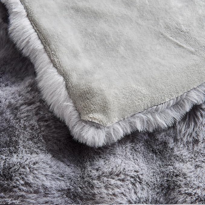 Lotus Karen Queen Size Faux Fur Blanket Tie-Dye Gray - Big Bubble Rabbit Fluff Throw for Bed Large Fluffy Fuzzy Cozy Thick Furry Plush Shaggy Blankets for Men 90x90 Inches