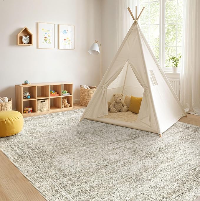 Washable Area Rugs for Living Room -5x7 Neutral Vintage Distressed Floral Farmhouse Boho Large Soft Floor Rug Indoor Non Slip Carpet for Living Room Bedroom Dining Room Office-Beige