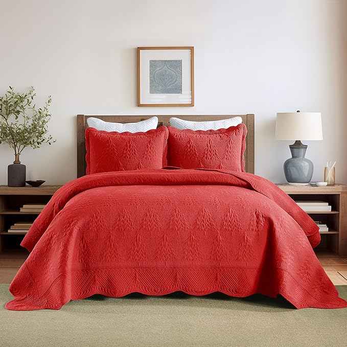 MarCielo 3-Piece Christmas Quilt 100% Cotton Oversized Bedspread Lightweight Coverlet Embroidery Christmas Tree Pattern Bedding Set (TC Red, Oversized King (118"x106"))