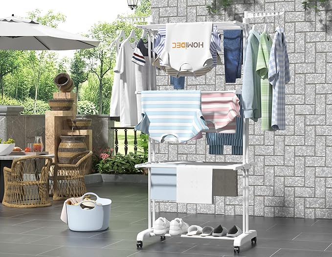 HOMIDEC Clothes Drying Rack, Large 4-Tier Foldable Drying Rack Clothing(67.7H x 19.7W x 30L Inches), Movable Drying Rack with 4 castors. Multifunctional Stainless Steel Laundry Drying Rack, White