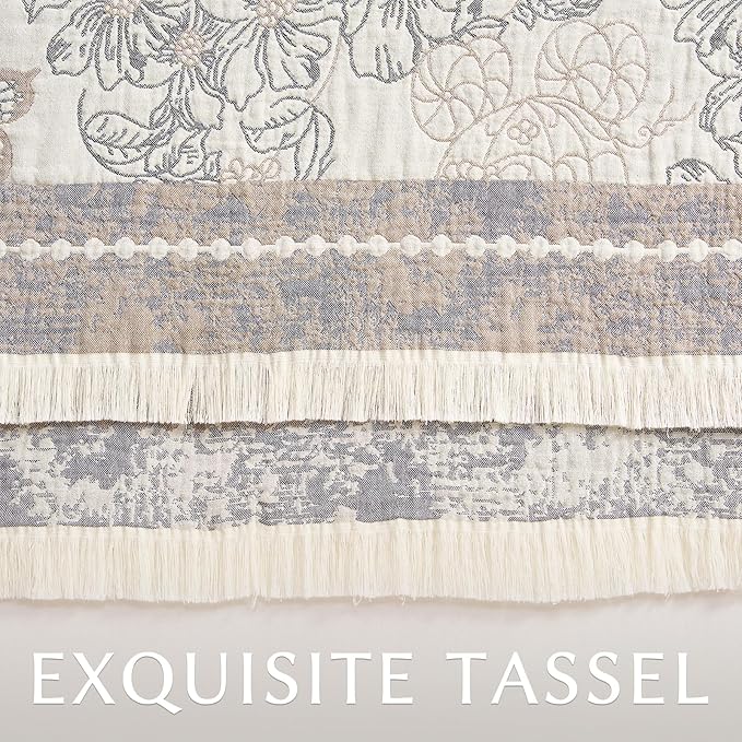 jinchan Boho Floral 100% Cotton Blanket 4-Layer Throw Blanket with Tassel Grey and White Flower Butterfly Soft Luxury Rustic Farmhouse Decor Blanket for Couch Bed 80x90 inch All Season Gift for Women