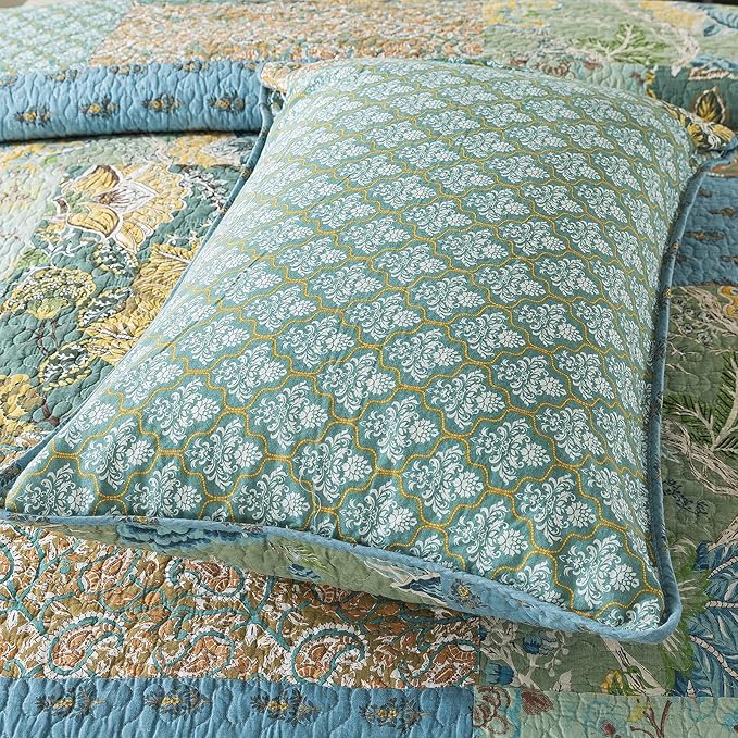 NEWLAKE Cotton Patchwork Bedspread, 3-Piece Bedding Quilt Set with Real Stitched Embroidery, Reversible Matelasse Bed Coverlet Set,Green Farmhouse Garden,Queen Size