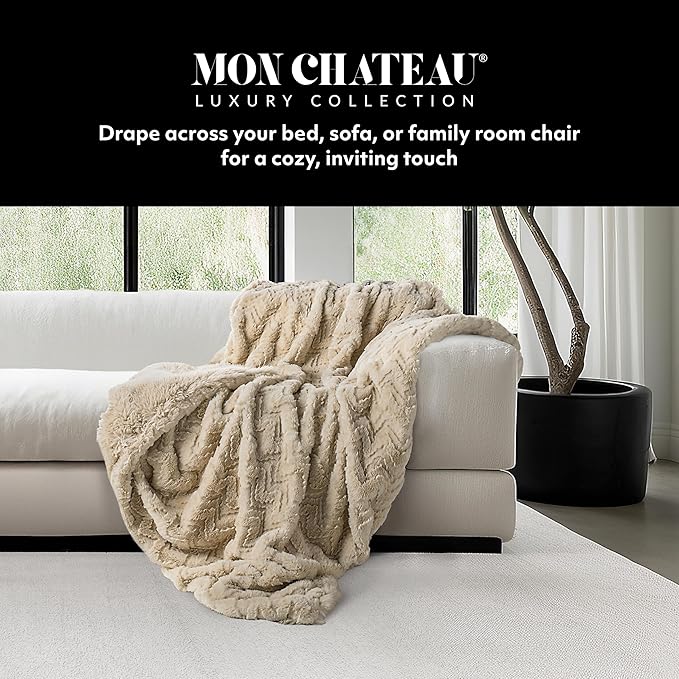 Mon Chateau Premium Reversible Queen Size Luxury Faux Fur Throw for Couch, Sofa, or Queen Size Bed - Plush Cozy Soft Blanket for Sleeping or Home Décor, 60" x 70" (Beige Jacquard)