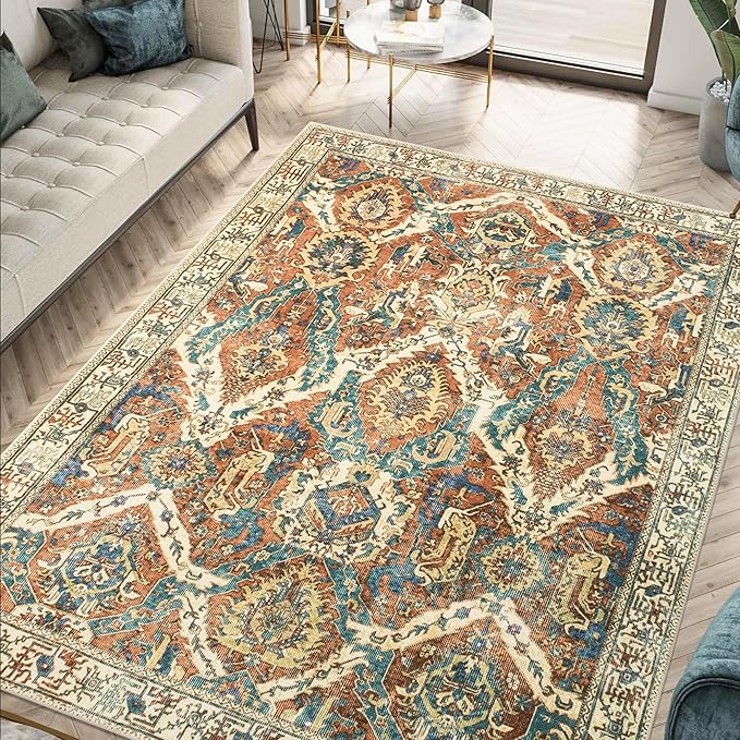 Keen Home Design 5x7 Rug - Machine Washable Area Rug with Non-Slip Backing, Ideal for Living Room, Dining Room, Bedroom - Vintage, Easy Clean, Durable, Low Pile Rug - (5' x 7')