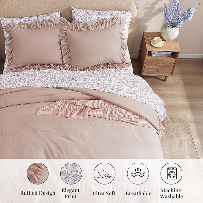 Queen Comforter Set - 7 Pieces Ruffle Pink Bedding Sets, Shabby Chic Farmhouse Bed in a Bag Queen with Ruffle Comforter, Floral Sheets, Pillowcases & Shams