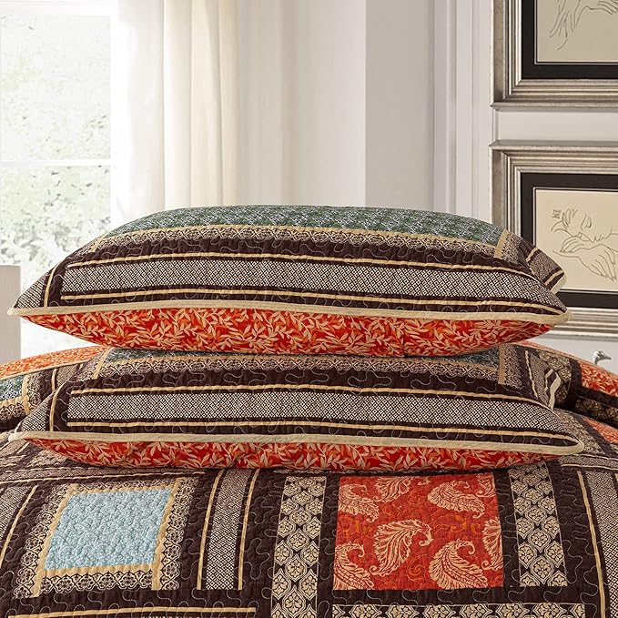 NEWLAKE Cotton Patchwork Bedspread, 3-Piece Bedding Quilt Set with Real Stitched Embroidery, Reversible Matelasse Bed Coverlet Set,Bohemian Farmhouse,King Size