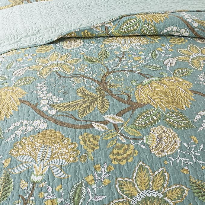 NEWLAKE Cotton Bedspread Quilt Sets-Reversible Patchwork Coverlet Set, Green Floral Pattern, Queen Size