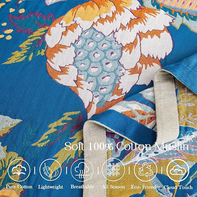 Boho Throw Blanket, Blue Lightweight Blankets for Summer, 100% Cotton Bohemian Decorative Throw Blanket, 60"x80" Reversible Muslin Breathable Woven Farmhouse Blankets Quilt,