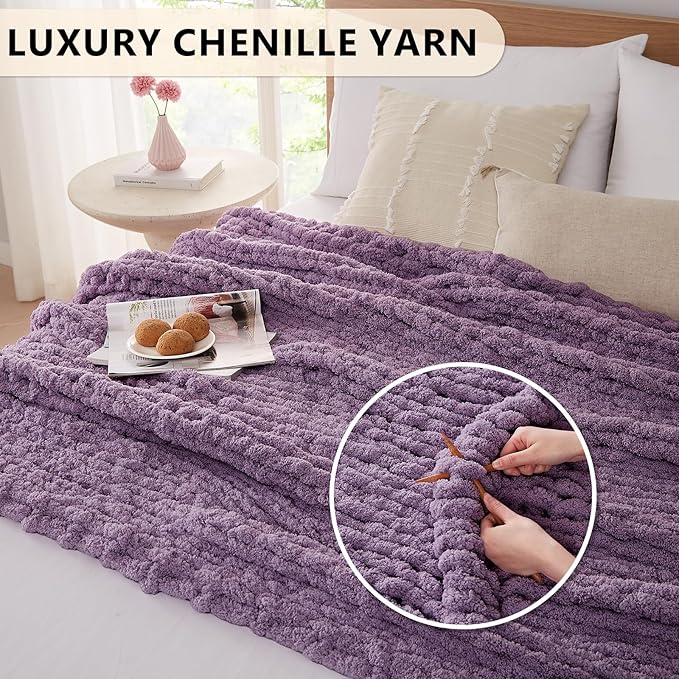 L'AGRATY Chunky Knit Blanket Throw: 50''x60'' Chenille Chunky Knitted Throw Blanket for Bed Couch - Handmade Thick Big Cable Knit Blanket - Large Crochet Rope Blanket for Home Decor(Deep Purple)
