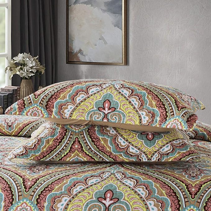 NEWLAKE Cotton Bedspread Quilt Sets-Reversible Patchwork Coverlet Set, European Paisley Blossom Pattern, King Size