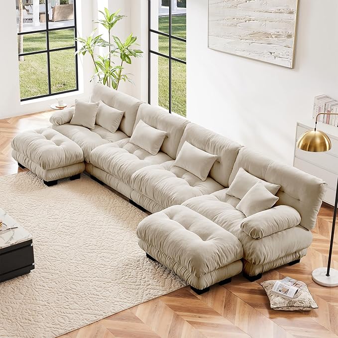 U Shaped Couch Sectional Couch, 4-Seater Cloud Couch Sectional Oversized Couch, Sofa Bed Couch with Round Bolster Armrests 6 Pillows, Modular Couch Home Sofa Living Room Couch