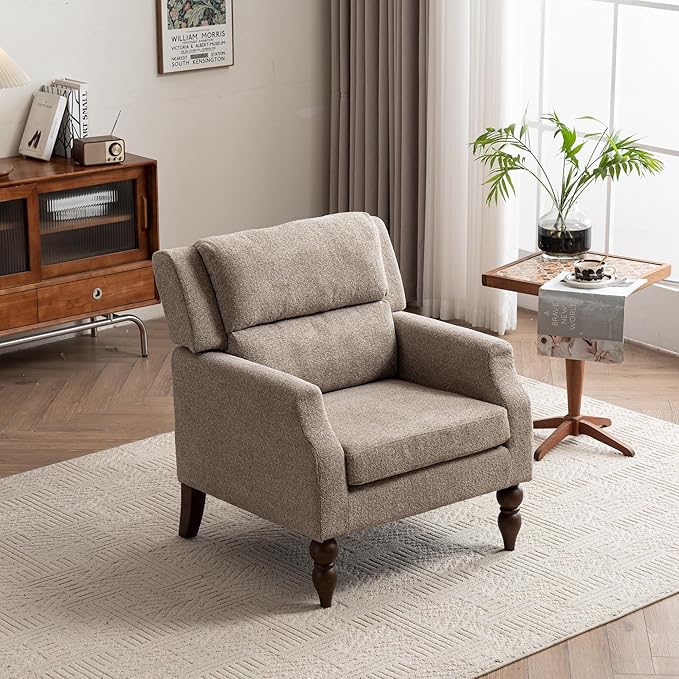 Kidol & Shellder Light Brown Oversized Accent Chair for Living Room Mid Century Modern Reading Chair with Back Upholstered Comfy Single Sofa Chair for Bedroom Lounge Side Corner Boucle Fabric Armchair