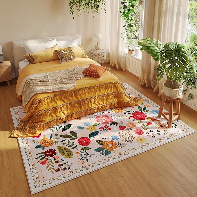 Living Room Rug 6x9 Rug Machine Washable Boho Area Rug Non Slip Floral Vintage Low Pile Large Rug for Living Room, Bedroom, Farmhouse, Dining Room, Kids Playroom(Beige)