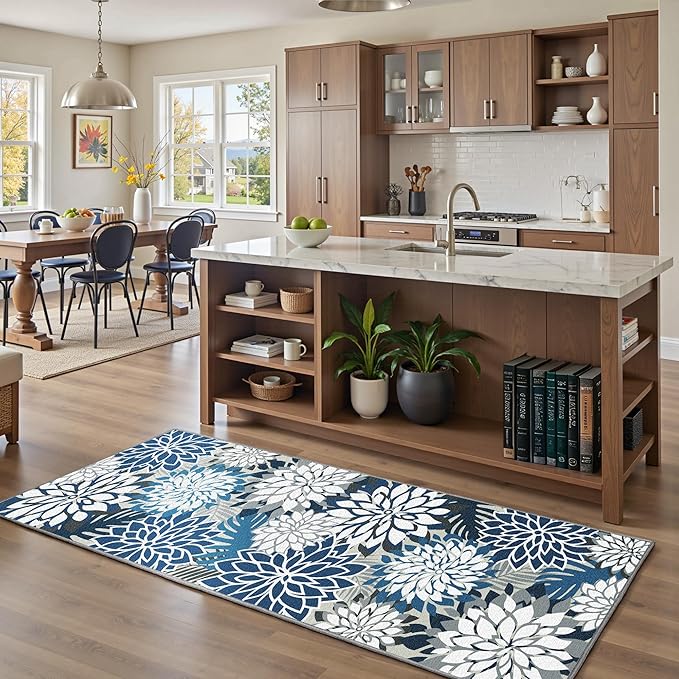 Area Rug 2x6 Blue White Washable Entry Rug Multicolored Tropical Botanical Modern Floral Indoor Kitchen Door Mat Entrance Carpet Non Slip for Bedroom Living Room, Porch