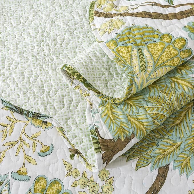 NEWLAKE Cotton Bedspread Quilt Sets - Reversible Patchwork Coverlet Set, Floral Vine Pattern, King Size